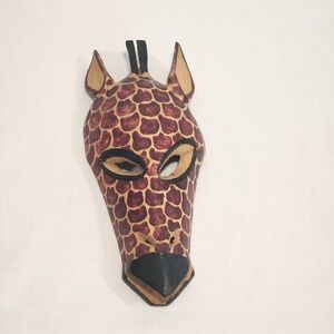 Carved Wood Giraffe Head Wall Mask 9" x‎ 4" Africa Wild Safari